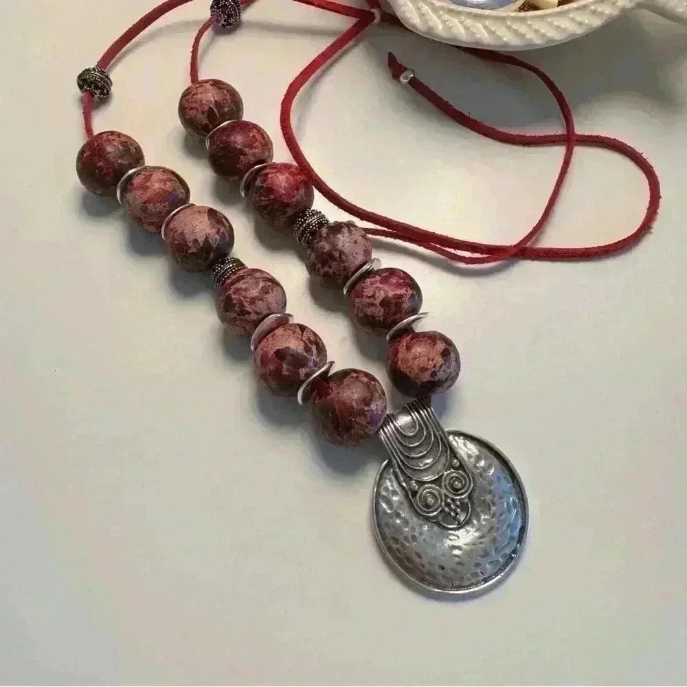 CERAMIC beaded greek statement necklace w/ silver disk pendant - Picture 7 of 7